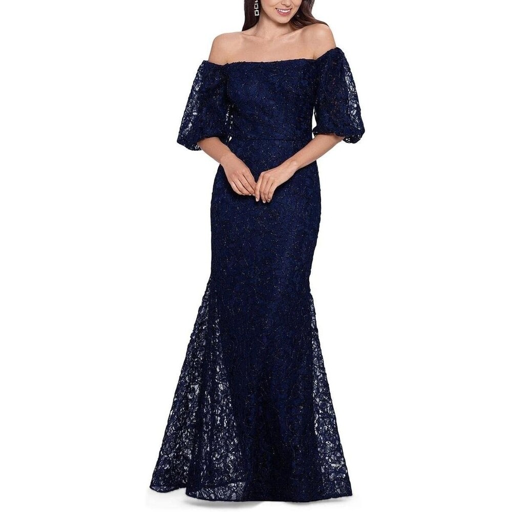 Xscape Off-the-Shoulder Navy Lace Mermaid Gown Puff Sleeve Formal Maxi Dress 10